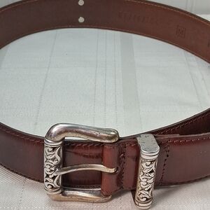 Fossil Brown Leather Belt with Ornate Silver Buckle